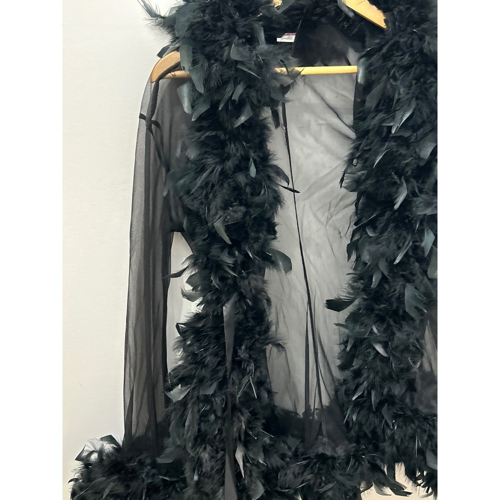 Shirley of Hollywood Black Sheer Marabou Feather Trim Glamour Robe OS RS1211 - Picture 5 of 6